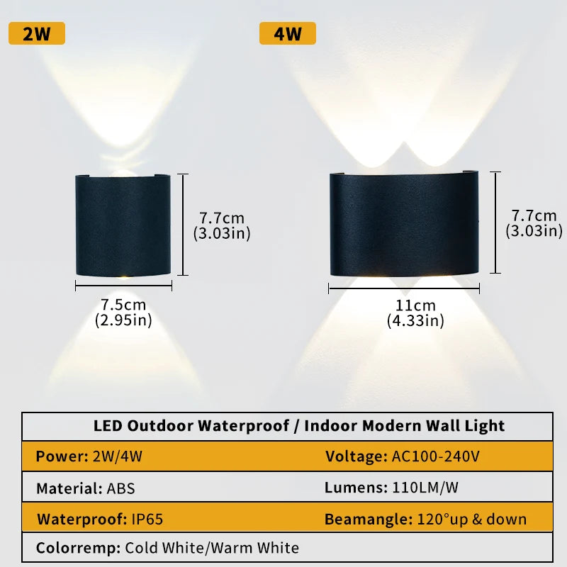 LED Wall Light Waterproof Outdoor Indoor Lighting IP65 AC86-265V 2w 4w for Garden Stair Night Light