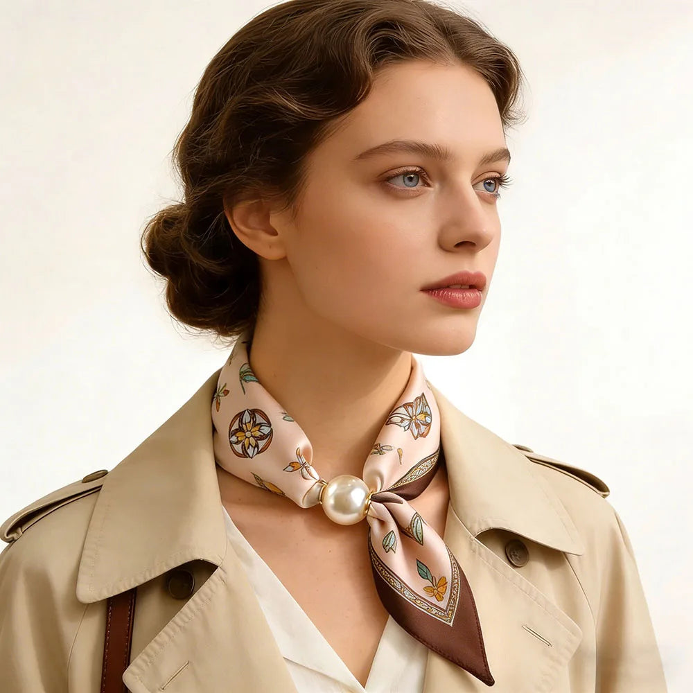 Scarf Magnetic Silk Collarbone Pearl Neck Scarf Thin Lazy Pendant Chain Buckle Bandana Handkerchief Foulards Femme Accesories