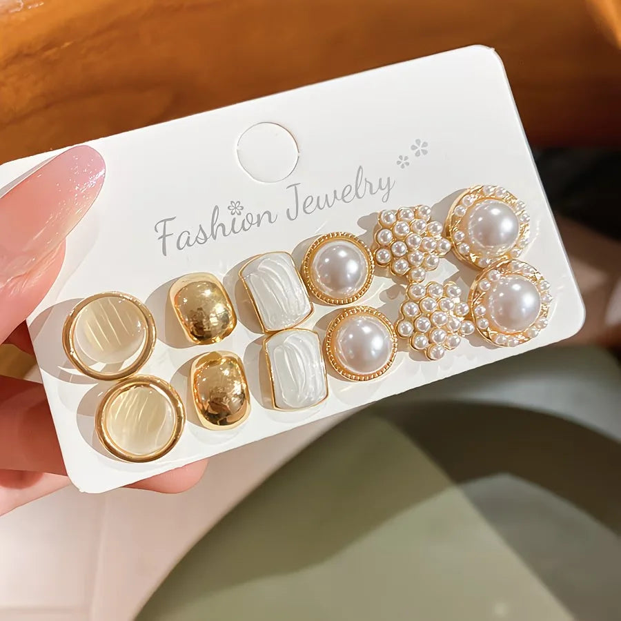 6 Pairs Enamel Pearl Stud Earrings Set For Women Cat's Eye Stone Pearl Minimalist Dainty Earrings Trendy Daily Wear Jewelry Gift