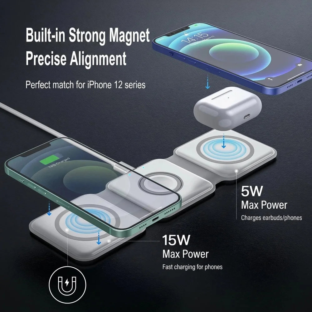 3 in 1 Foldable Magnetic Wireless Charging Station MagSafe Compatible Travel Charger for iPhone, Apple Watch, AirPods Pro