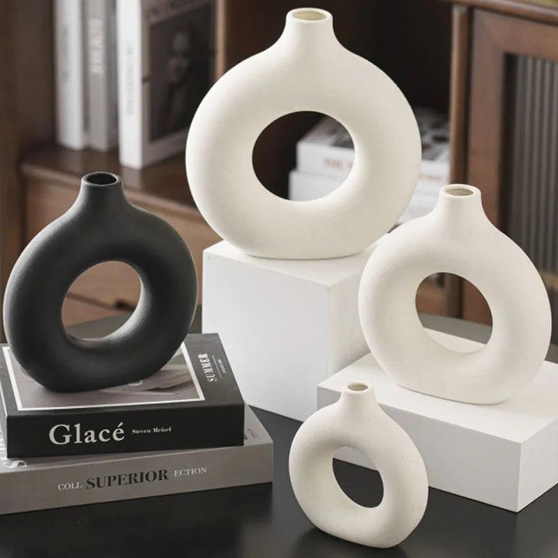 Flat Minimalist Simple Vase Donut Shape Single Flower Pot Home Wedding Decoration Hollow Ornaments Circle Flower Arrangement Vase
