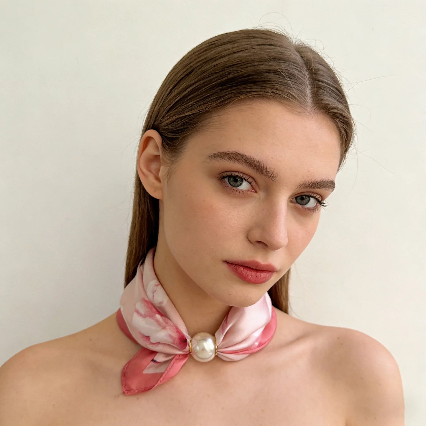 Scarf Magnetic Silk Collarbone Pearl Neck Scarf Thin Lazy Pendant Chain Buckle Bandana Handkerchief Foulards Femme Accesories