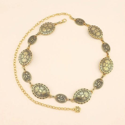 Fashion Vintage Oval Craved Metal Waist Chain for Women Retro Style Exquisite Gold Color Plated Belt Female Body Jewelry Gifts