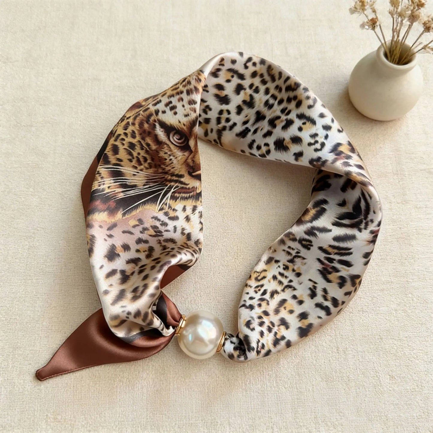 Scarf Magnetic Silk Collarbone Pearl Neck Scarf Thin Lazy Pendant Chain Buckle Bandana Handkerchief Foulards Femme Accesories