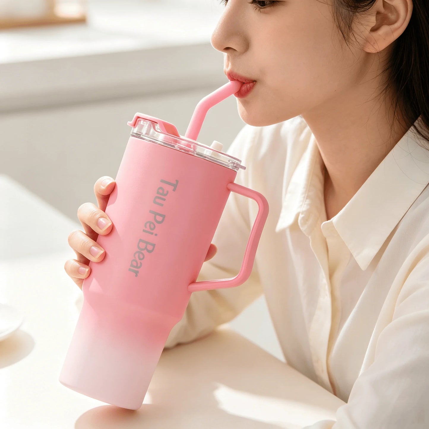 40oz Car Cup Gradient Color Portable Handheld Plastic Cup 3-Piece Set with High Beauty and Straw Suitable for Outdoor Office Gym