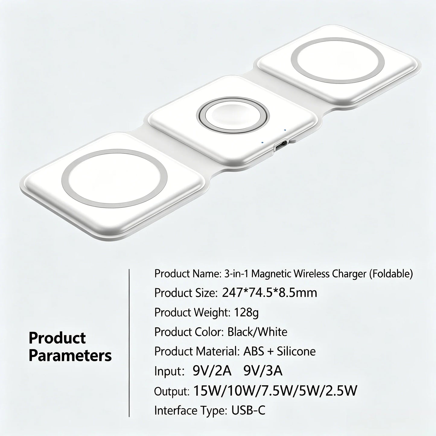 3 in 1 Foldable Magnetic Wireless Charging Station MagSafe Compatible Travel Charger for iPhone, Apple Watch, AirPods Pro