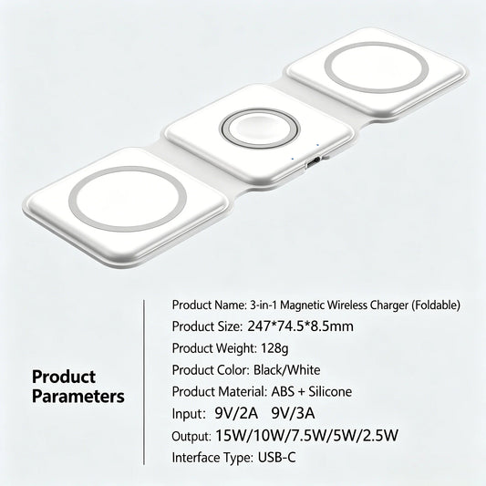 3 in 1 Foldable Magnetic Wireless Charging Station MagSafe Compatible Travel Charger for iPhone, Apple Watch, AirPods Pro